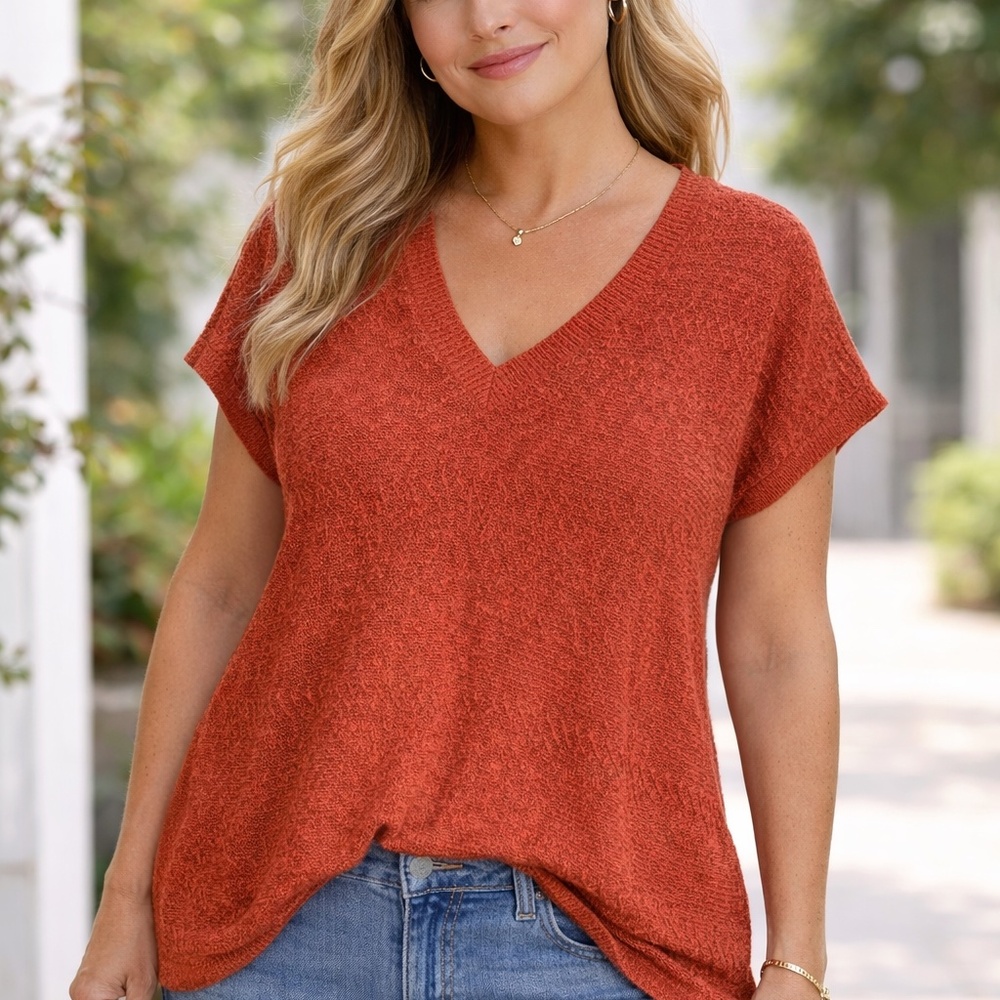 J. Jill V Neck Rust Fall Cotton Blend Knit Tunic Sweater Top (M)